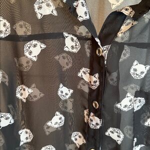 No Boundaries Black Sheer button down cat print top y2k whimsy